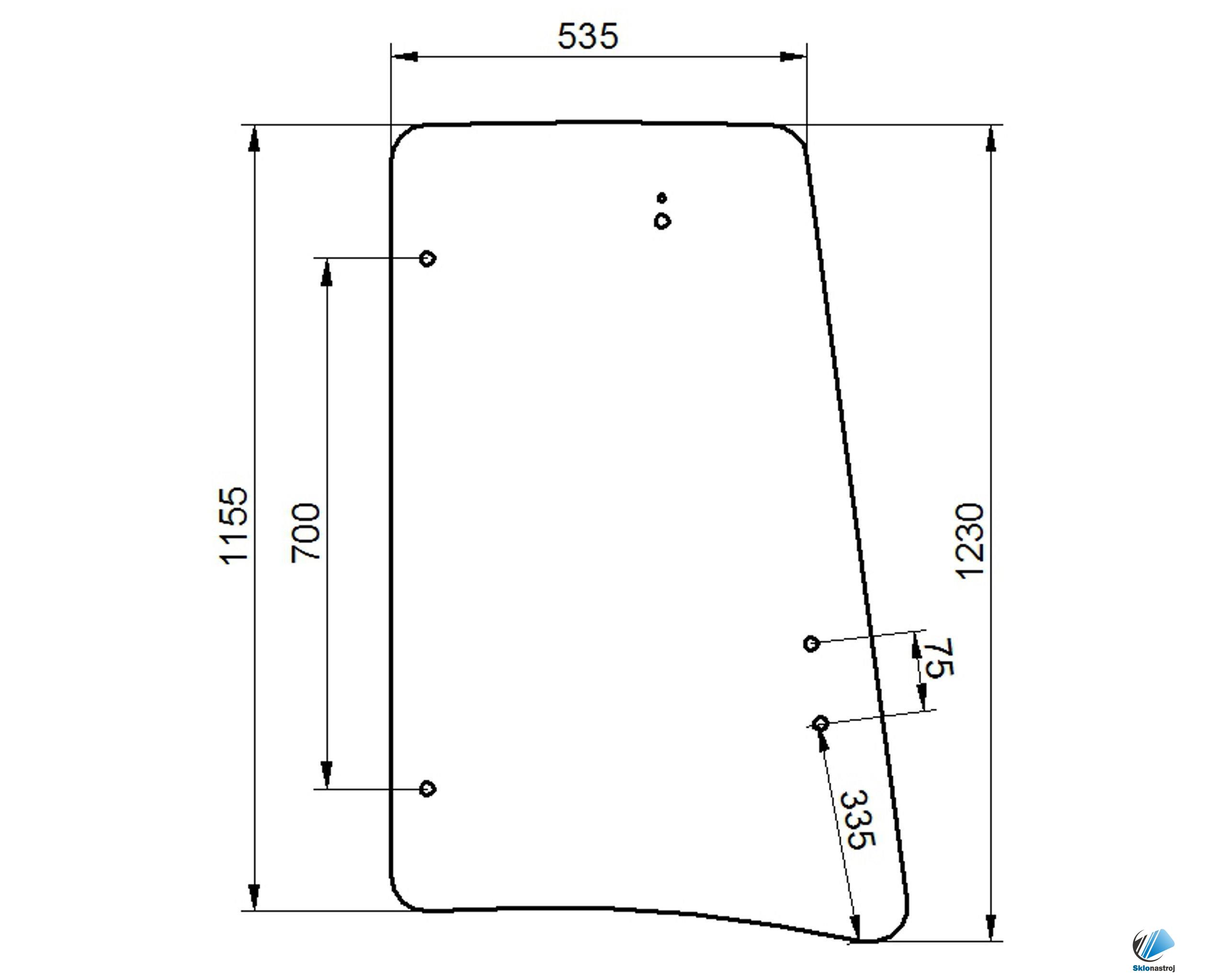 JCB 3CX, 4CX, 5CX bočné ľavé sklo 335mm