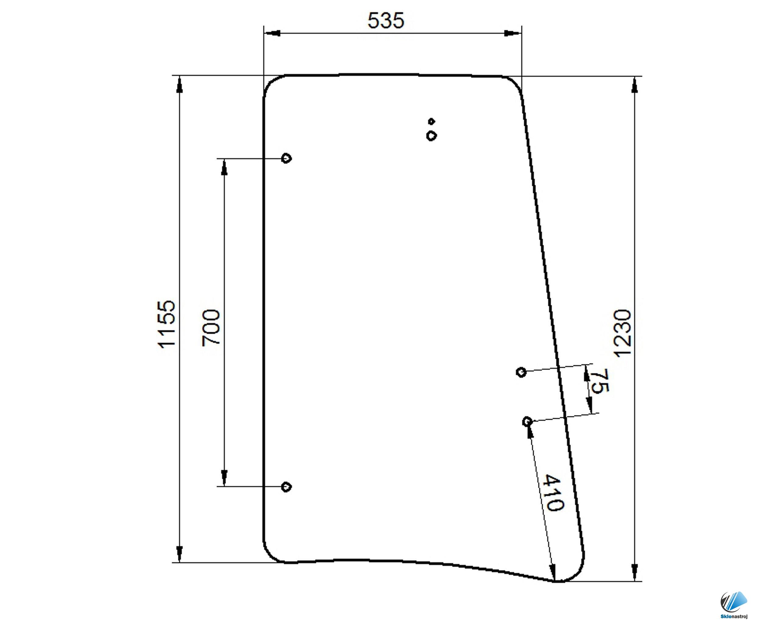 JCB 3CX, 4CX, 5CX bočné ľavé sklo 410mm